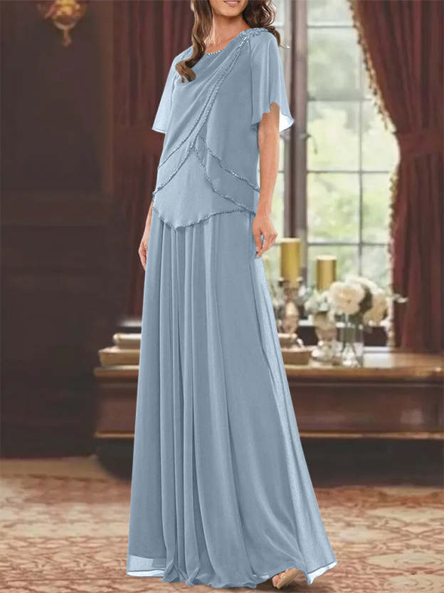 Princess A-Line Floor-Length Mother of the Bride Dress with Jewel Neck Short Sleeves Pleats & Beading-27prom