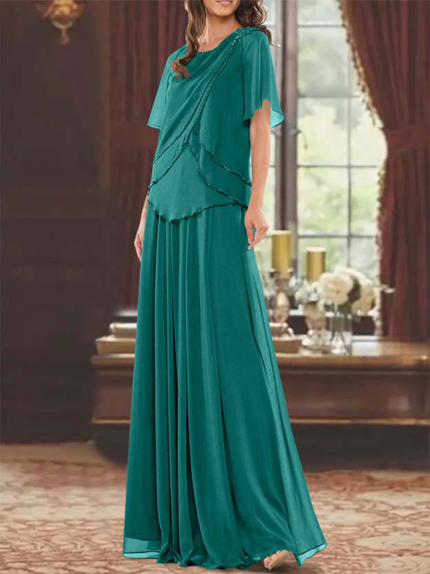 Princess A-Line Floor-Length Mother of the Bride Dress with Jewel Neck Short Sleeves Pleats & Beading-27prom