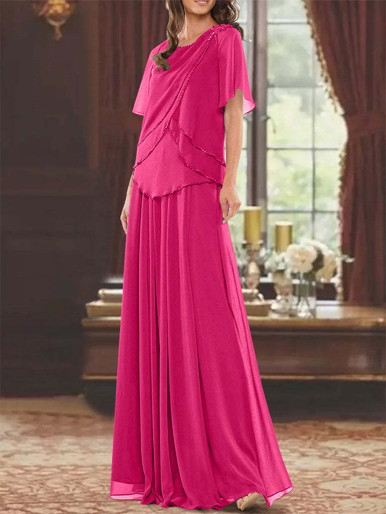 Princess A-Line Floor-Length Mother of the Bride Dress with Jewel Neck Short Sleeves Pleats & Beading-27prom
