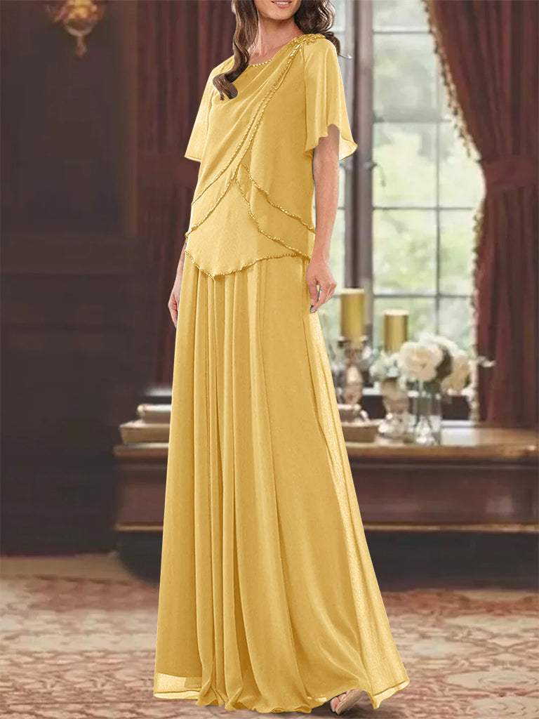 Princess A-Line Floor-Length Mother of the Bride Dress with Jewel Neck Short Sleeves Pleats & Beading-27prom