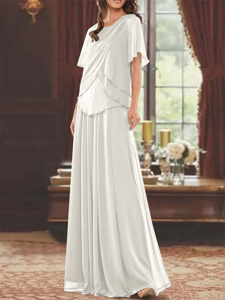 Princess A-Line Floor-Length Mother of the Bride Dress with Jewel Neck Short Sleeves Pleats & Beading-27prom
