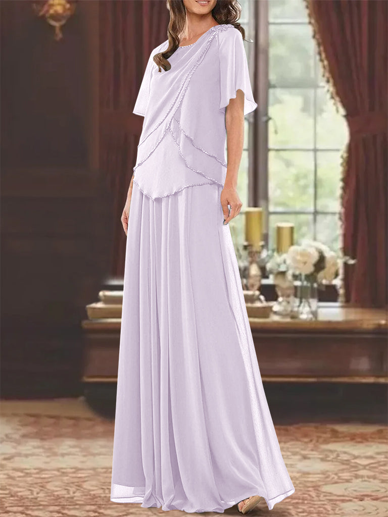 Princess A-Line Floor-Length Mother of the Bride Dress with Jewel Neck Short Sleeves Pleats & Beading-27prom