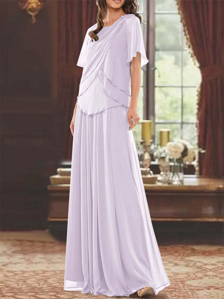 Princess A-Line Floor-Length Mother of the Bride Dress with Jewel Neck Short Sleeves Pleats & Beading-27prom
