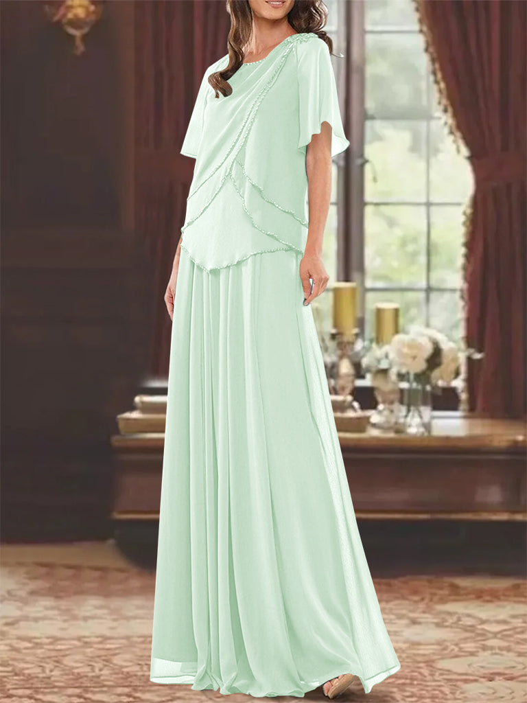 Princess A-Line Floor-Length Mother of the Bride Dress with Jewel Neck Short Sleeves Pleats & Beading-27prom