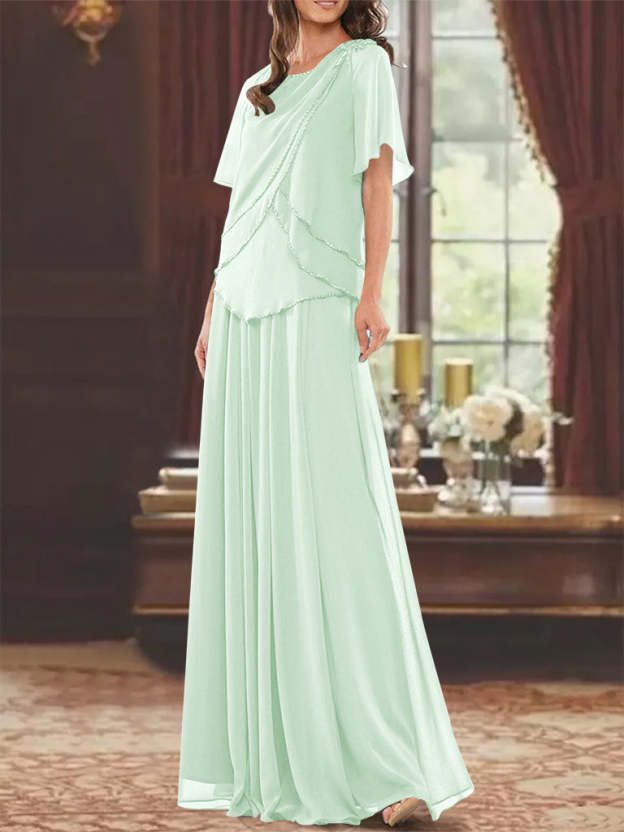 Princess A-Line Floor-Length Mother of the Bride Dress with Jewel Neck Short Sleeves Pleats & Beading-27prom