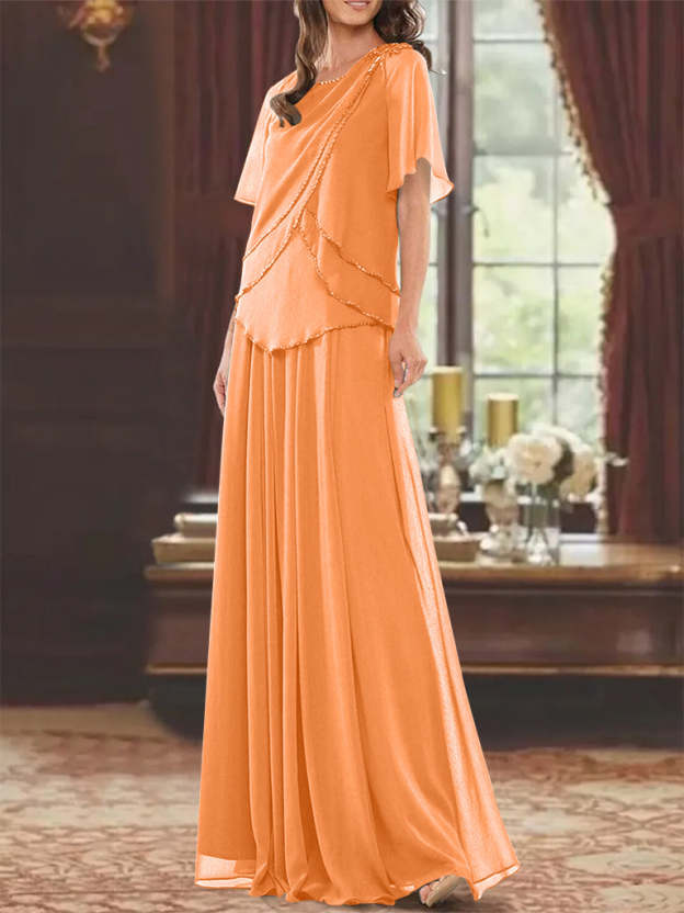 Princess A-Line Floor-Length Mother of the Bride Dress with Jewel Neck Short Sleeves Pleats & Beading-27prom