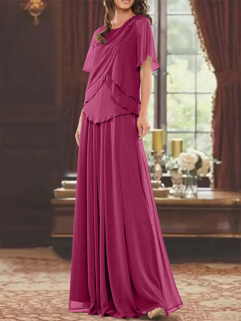 Princess A-Line Floor-Length Mother of the Bride Dress with Jewel Neck Short Sleeves Pleats & Beading-27prom
