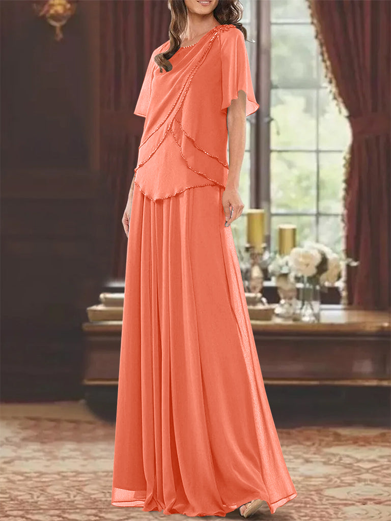 Princess A-Line Floor-Length Mother of the Bride Dress with Jewel Neck Short Sleeves Pleats & Beading-27prom