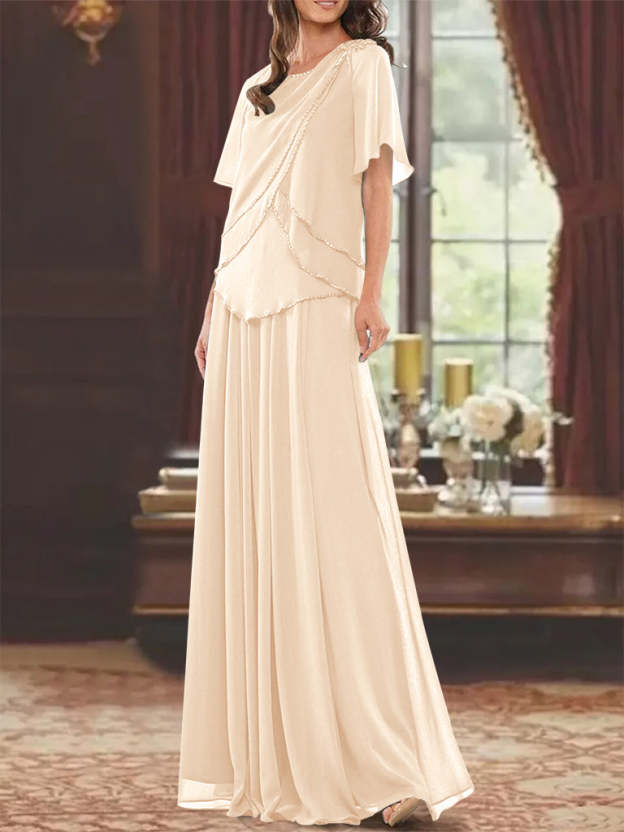 Princess A-Line Floor-Length Mother of the Bride Dress with Jewel Neck Short Sleeves Pleats & Beading-27prom