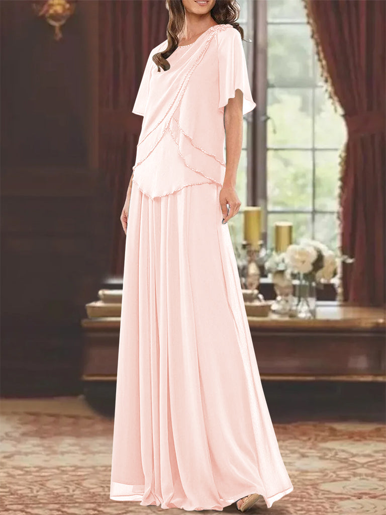 Princess A-Line Floor-Length Mother of the Bride Dress with Jewel Neck Short Sleeves Pleats & Beading-27prom
