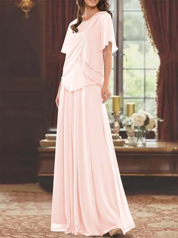 Princess A-Line Floor-Length Mother of the Bride Dress with Jewel Neck Short Sleeves Pleats & Beading-27prom