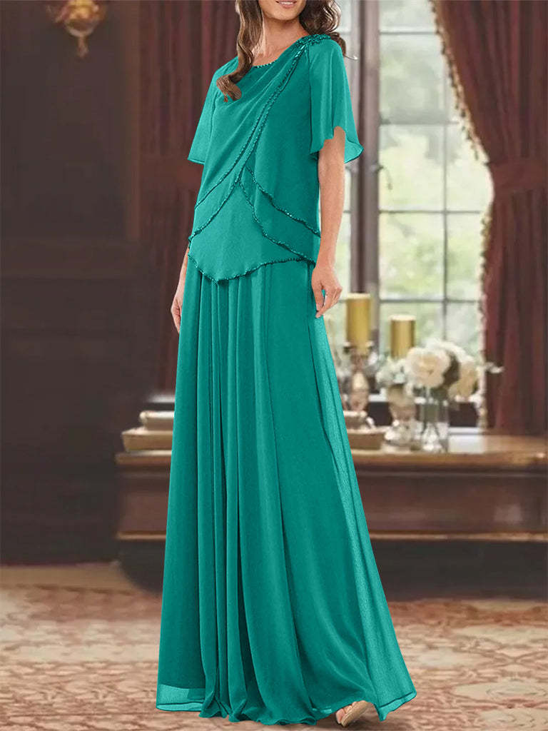 Princess A-Line Floor-Length Mother of the Bride Dress with Jewel Neck Short Sleeves Pleats & Beading-27prom