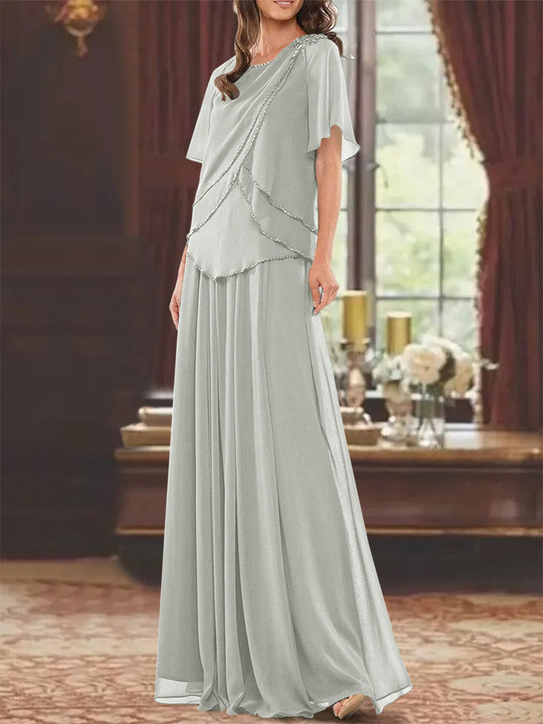 Princess A-Line Floor-Length Mother of the Bride Dress with Jewel Neck Short Sleeves Pleats & Beading-27prom