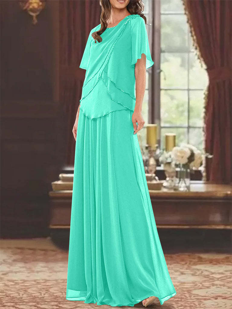 Princess A-Line Floor-Length Mother of the Bride Dress with Jewel Neck Short Sleeves Pleats & Beading-27prom