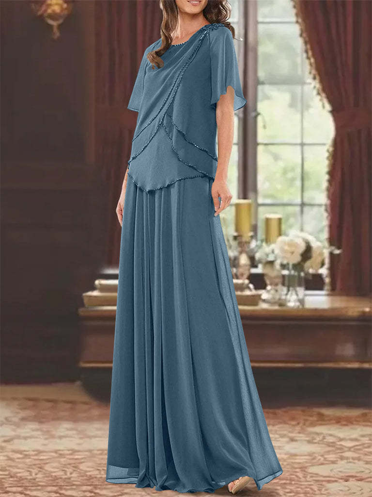 Princess A-Line Floor-Length Mother of the Bride Dress with Jewel Neck Short Sleeves Pleats & Beading-27prom
