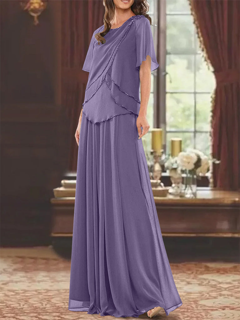 Princess A-Line Floor-Length Mother of the Bride Dress with Jewel Neck Short Sleeves Pleats & Beading-27prom