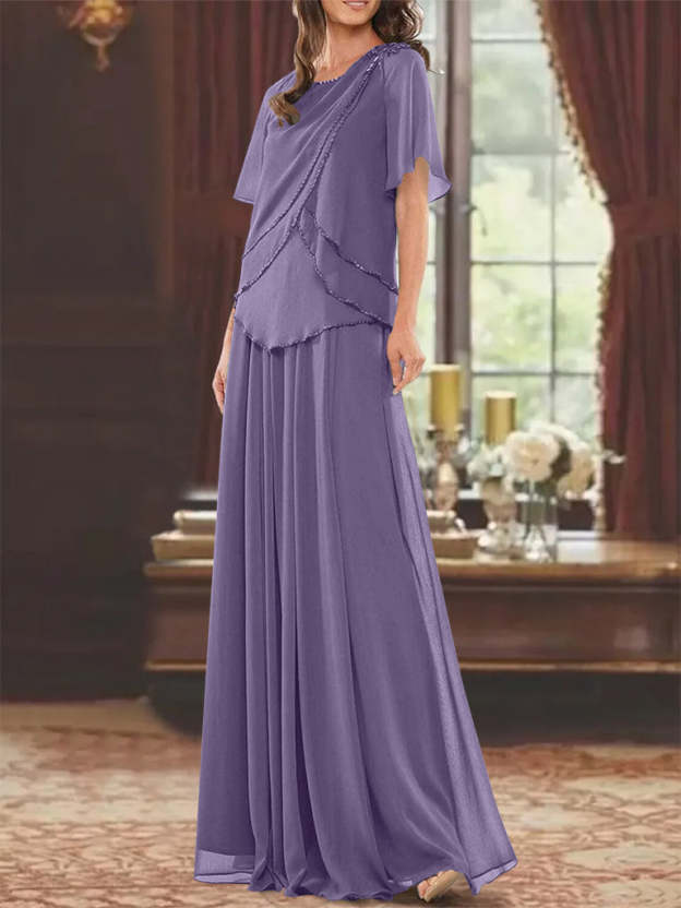 Princess A-Line Floor-Length Mother of the Bride Dress with Jewel Neck Short Sleeves Pleats & Beading-27prom