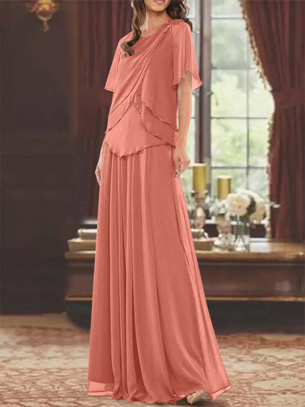 Princess A-Line Floor-Length Mother of the Bride Dress with Jewel Neck Short Sleeves Pleats & Beading-27prom