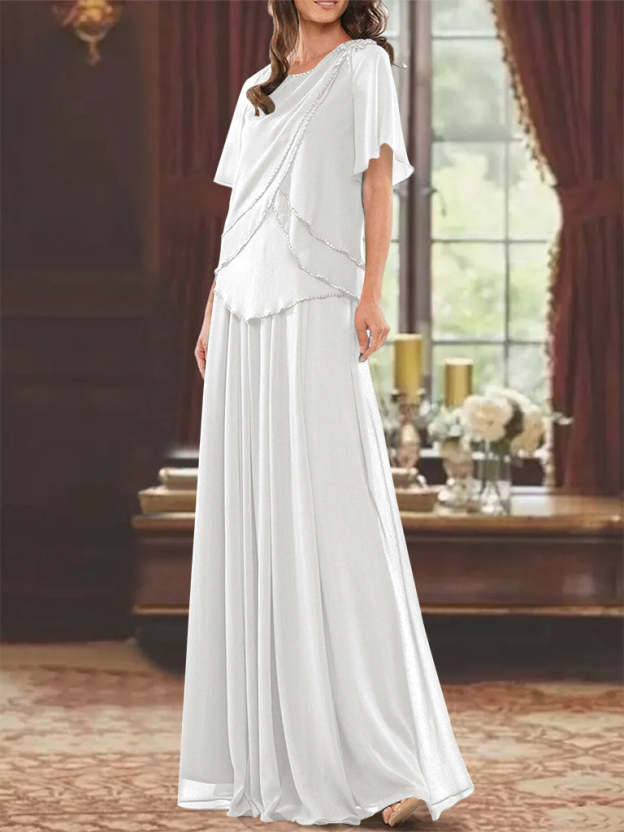 Princess A-Line Floor-Length Mother of the Bride Dress with Jewel Neck Short Sleeves Pleats & Beading-27prom