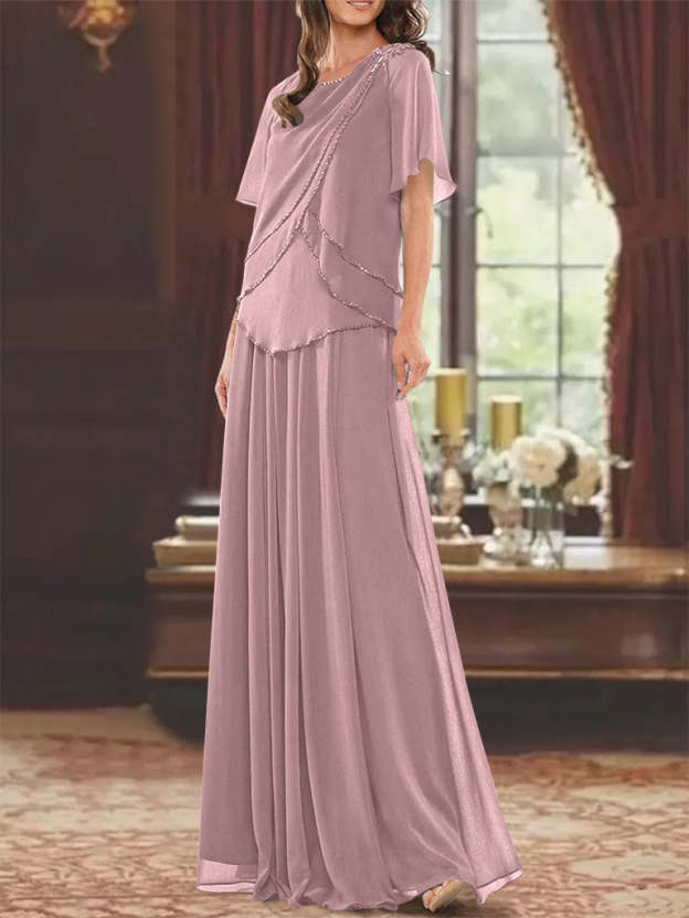 Princess A-Line Floor-Length Mother of the Bride Dress with Jewel Neck Short Sleeves Pleats & Beading-27prom