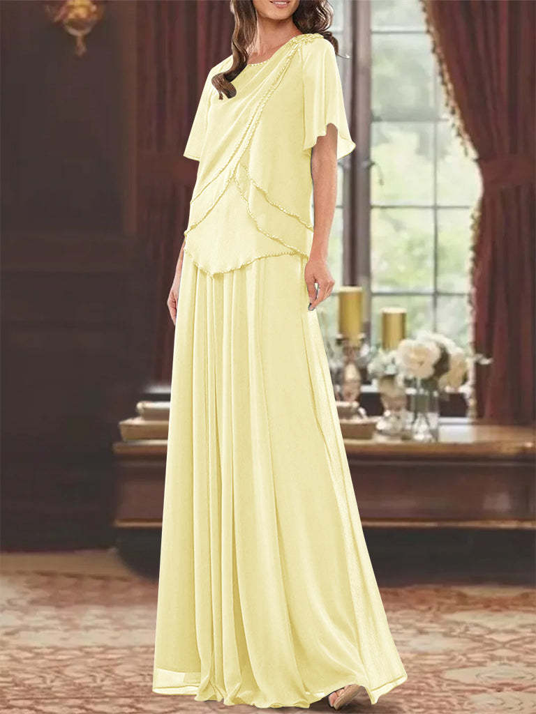 Princess A-Line Floor-Length Mother of the Bride Dress with Jewel Neck Short Sleeves Pleats & Beading-27prom
