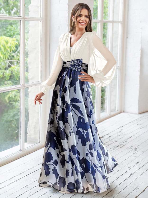Floral Plus Size Mother of the Bride Dress with V-Neck and Long Sleeves-27prom