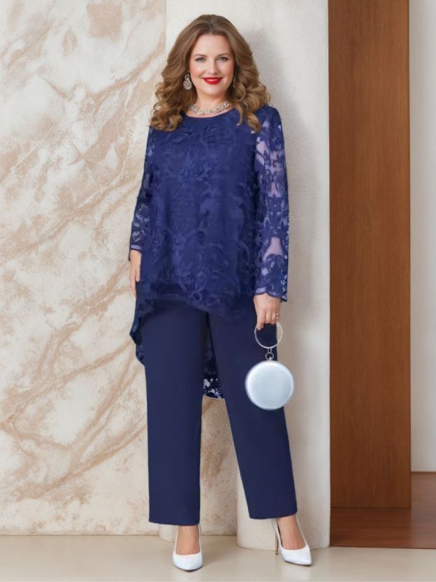 Plus Size Mother of the Bride Scoop Neck Chiffon Pantsuit with Appliques-27prom