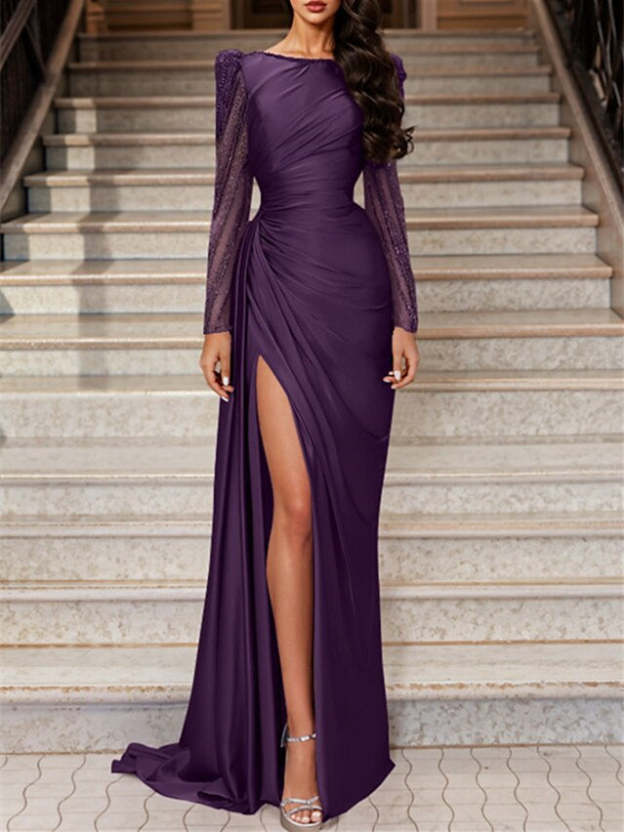 Long Sleeve Satin Prom Dress with Mermaid Train Jewel Neck and Ruched Slit-27prom