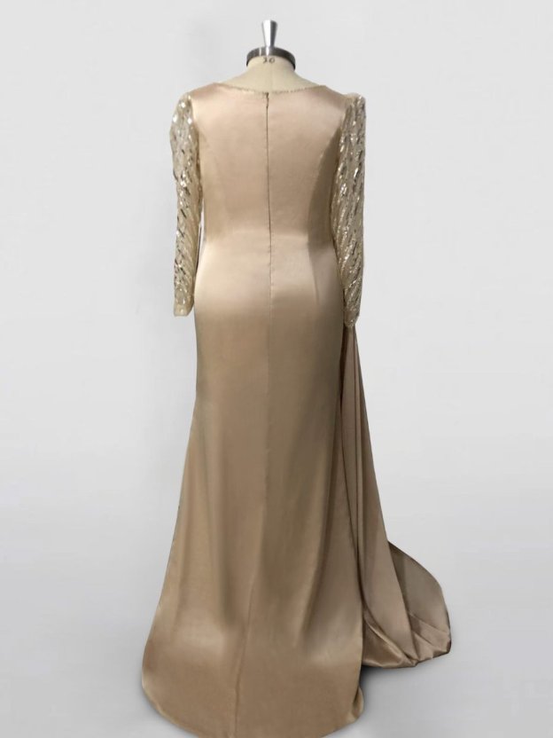 Long Sleeve Satin Prom Dress with Mermaid Train Jewel Neck and Ruched Slit-27prom