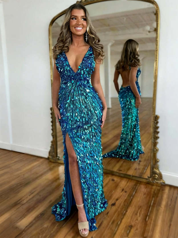 Mermaid V-Neck Backless Short Tight Sequin Prom Dress