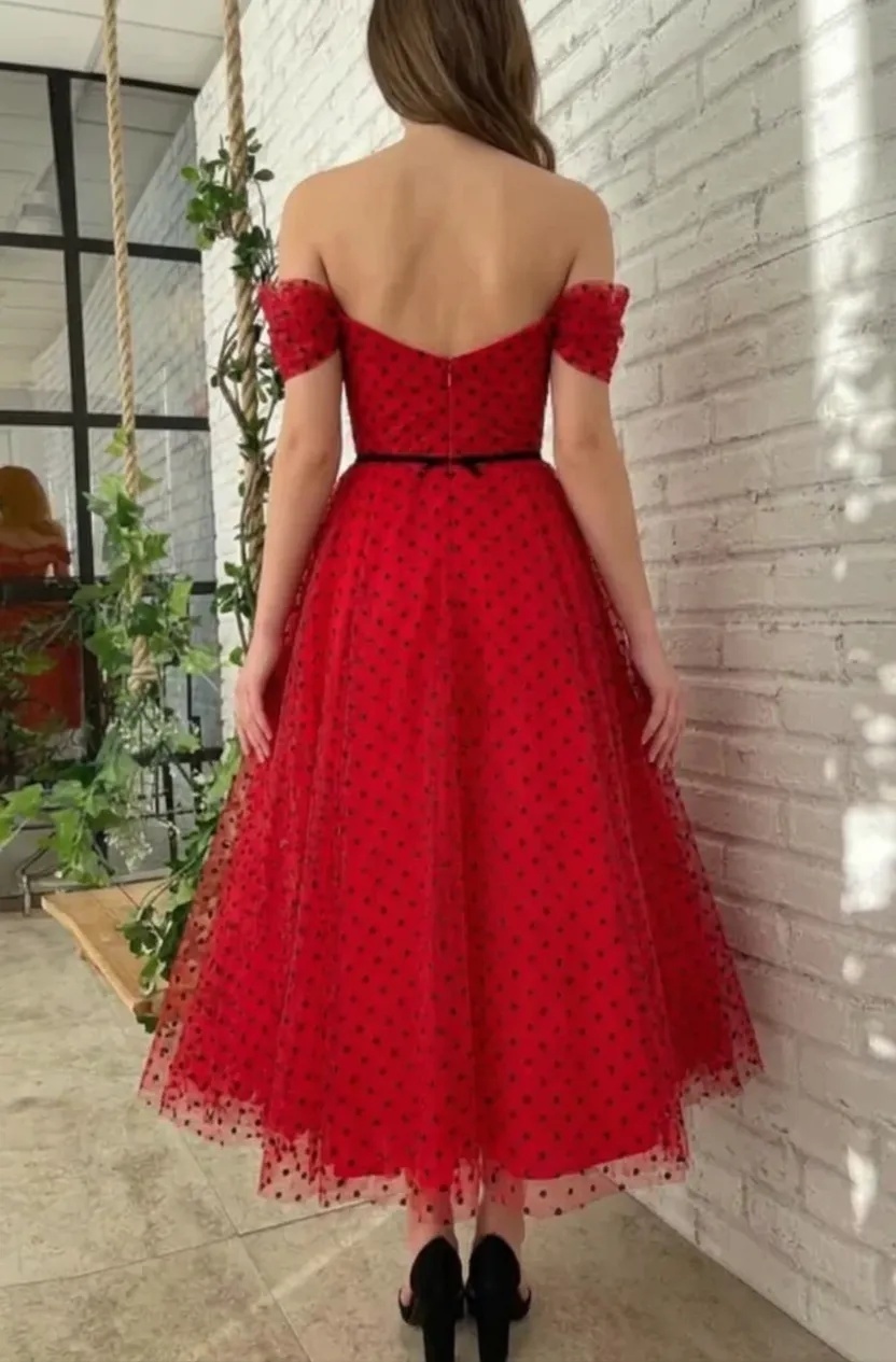 Red Tulle Off The Shoulder Tea Length Prom Dress Homecoming Dress