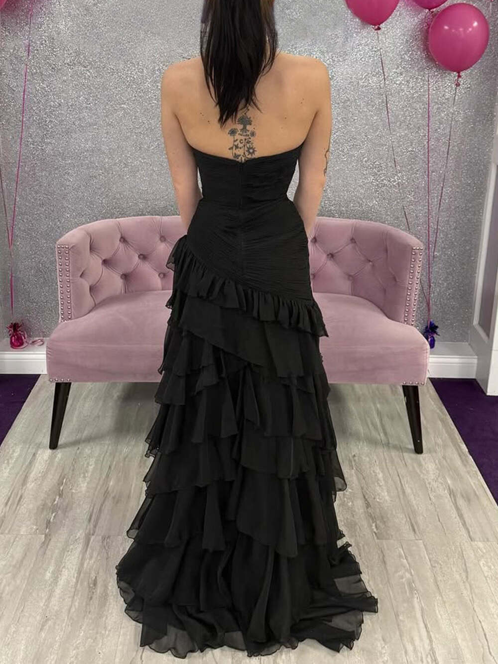 Strapless Mermaid Tiered Chiffon Skirt Prom Dress with Ruffle