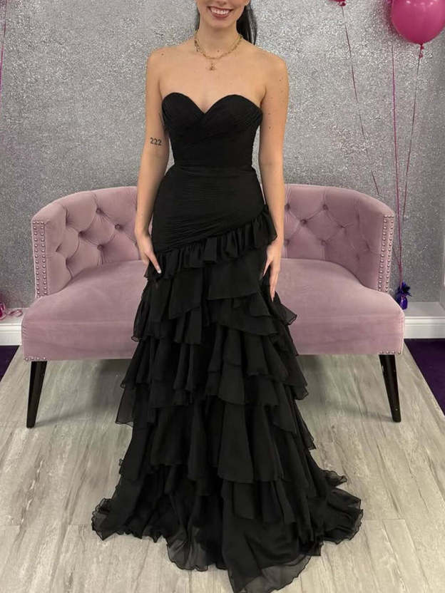 Strapless Mermaid Tiered Chiffon Skirt Prom Dress with Ruffle