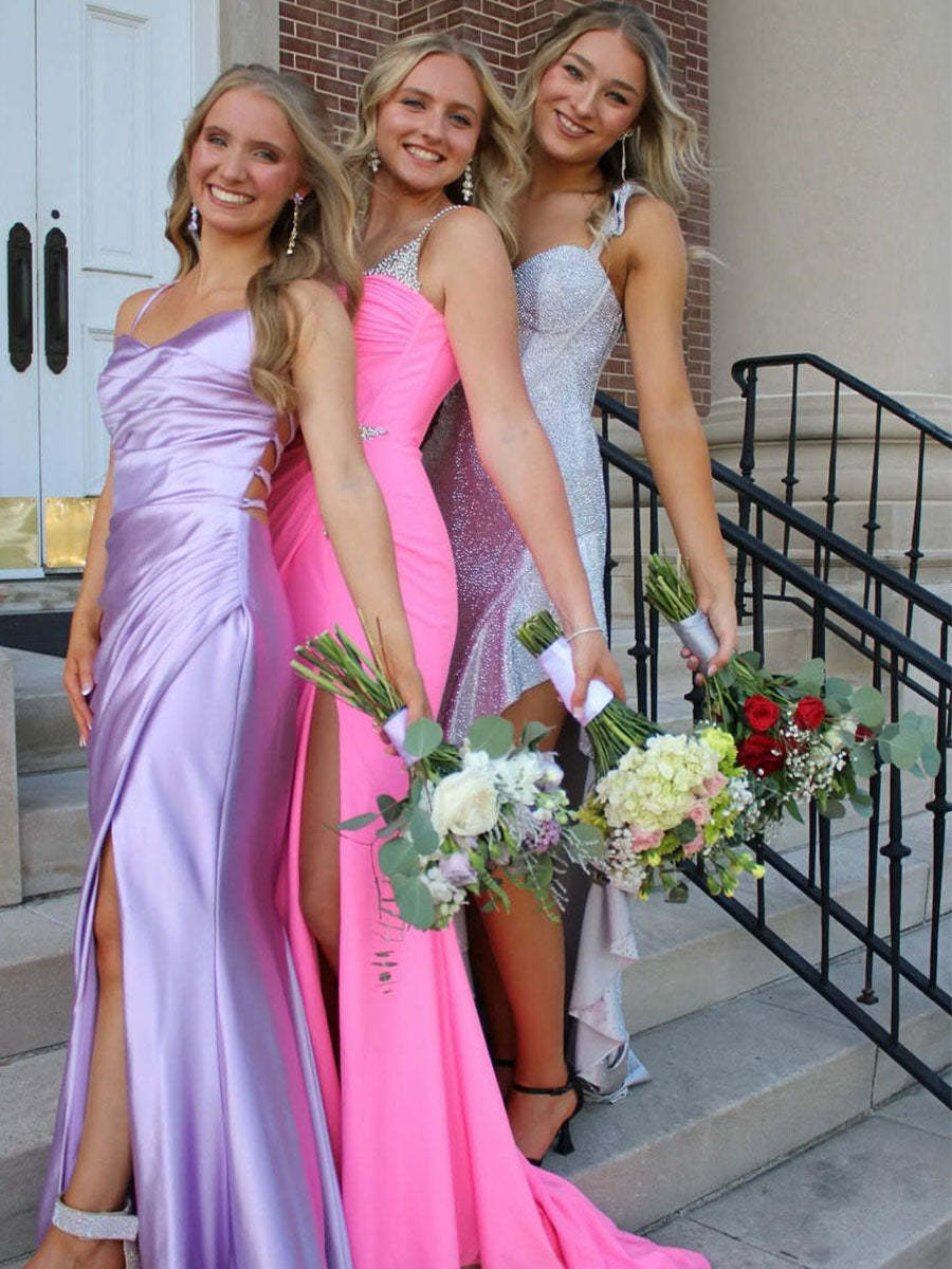 Straps Ruched Mermaid Long Prom Dress with Slit