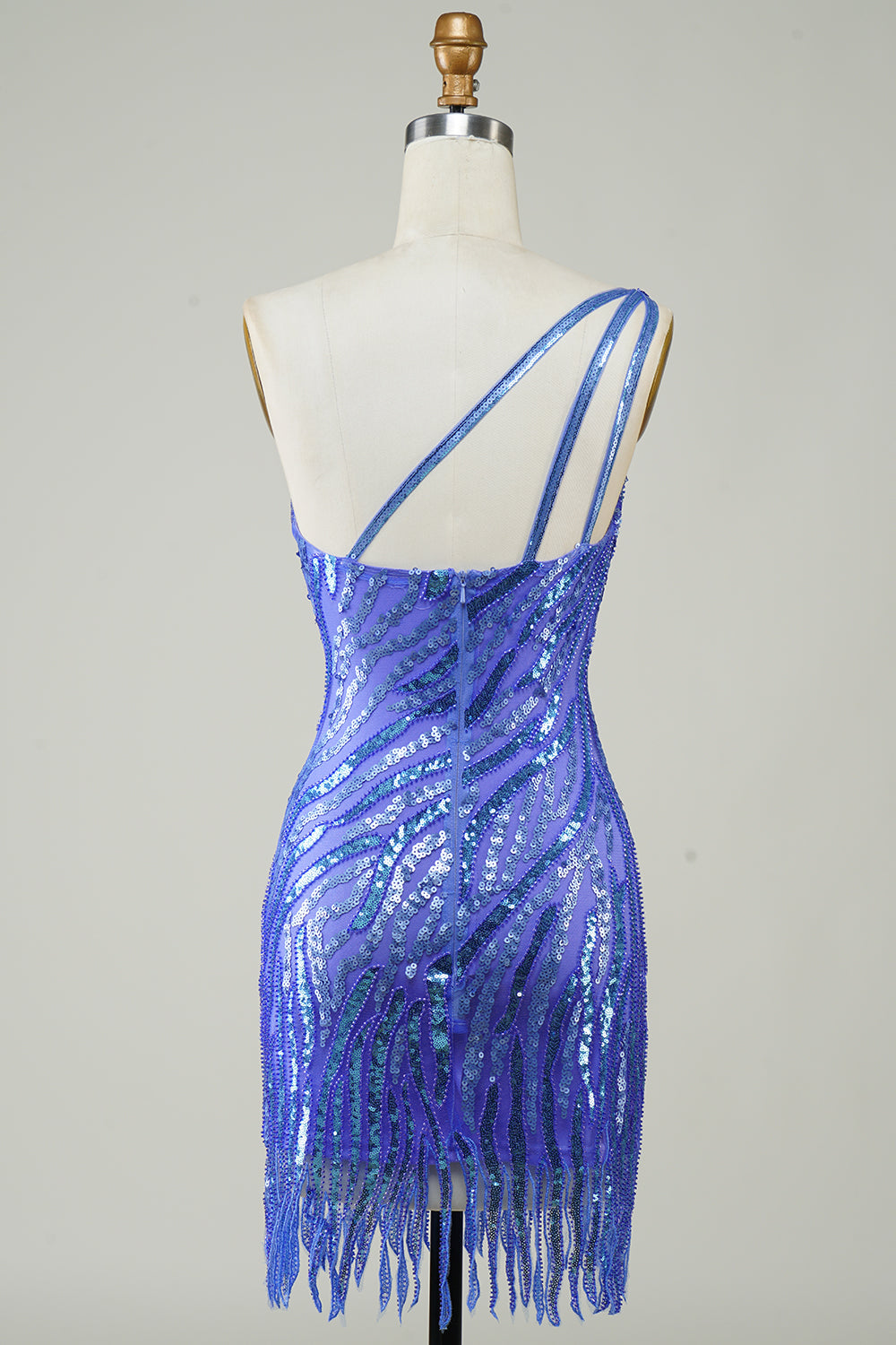 Blue One-Shoulder Sheath Sequin Short Homecoming Dress with Tassel