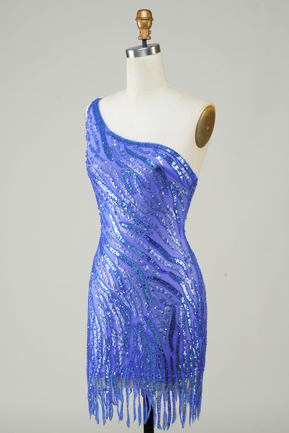 Blue One-Shoulder Sheath Sequin Short Homecoming Dress with Tassel