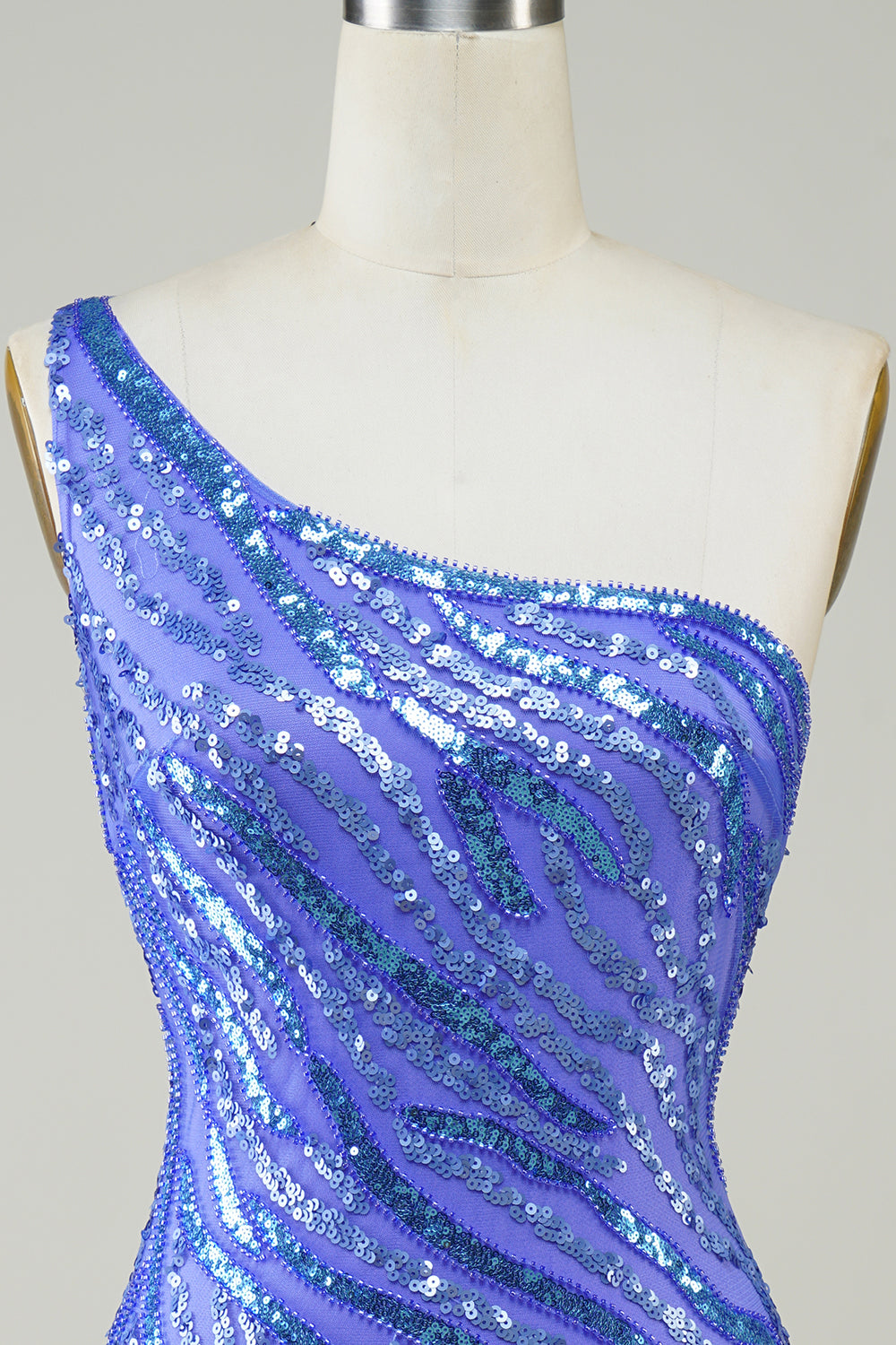 Blue One-Shoulder Sheath Sequin Short Homecoming Dress with Tassel