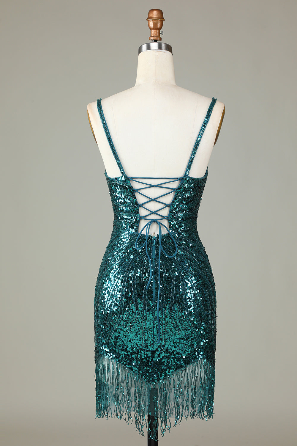 White Spaghetti Strap Sparkly Lace-Up Back Bodycon Homecoming Dress with Beading
