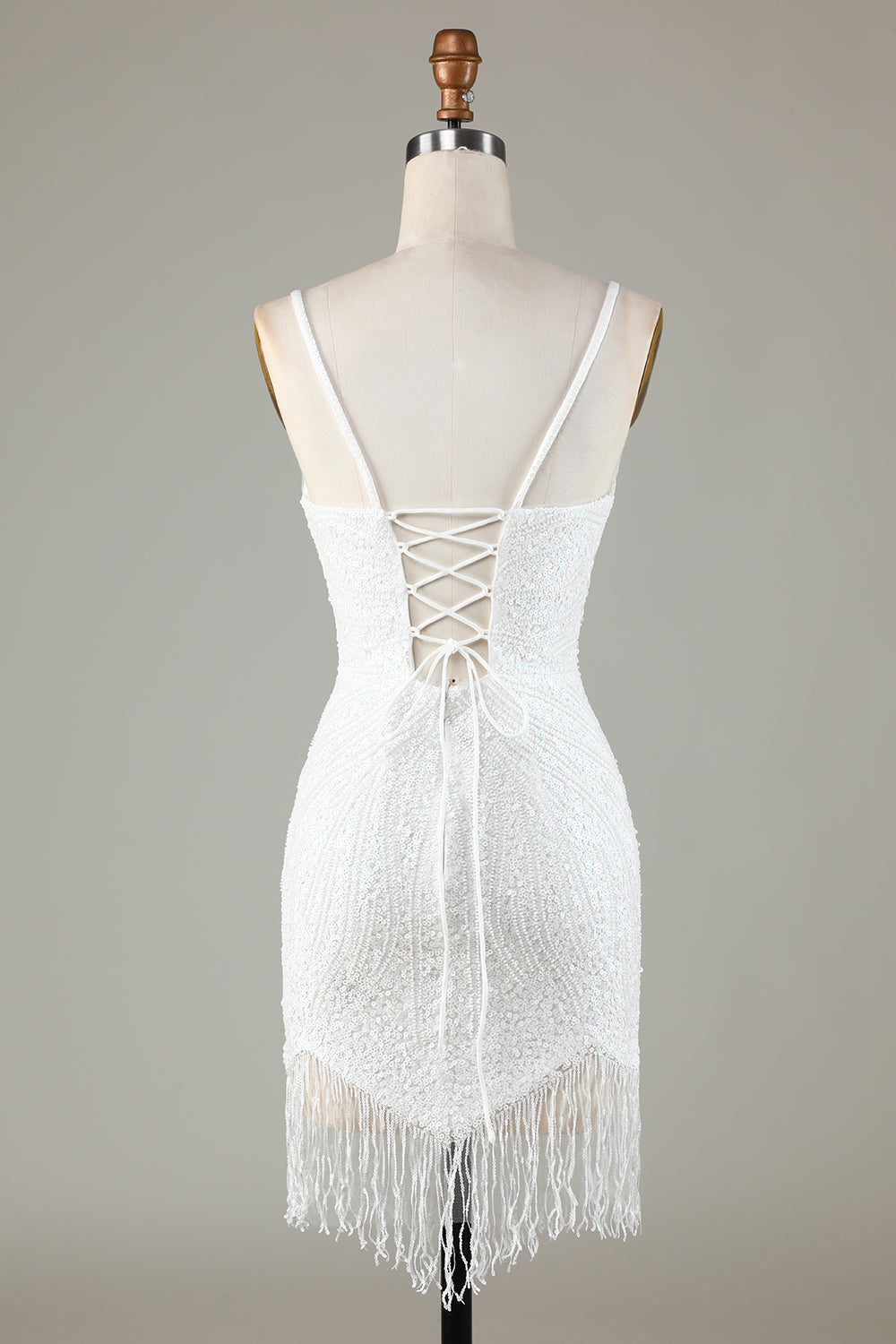 White Spaghetti Strap Sparkly Lace-Up Back Bodycon Homecoming Dress with Beading