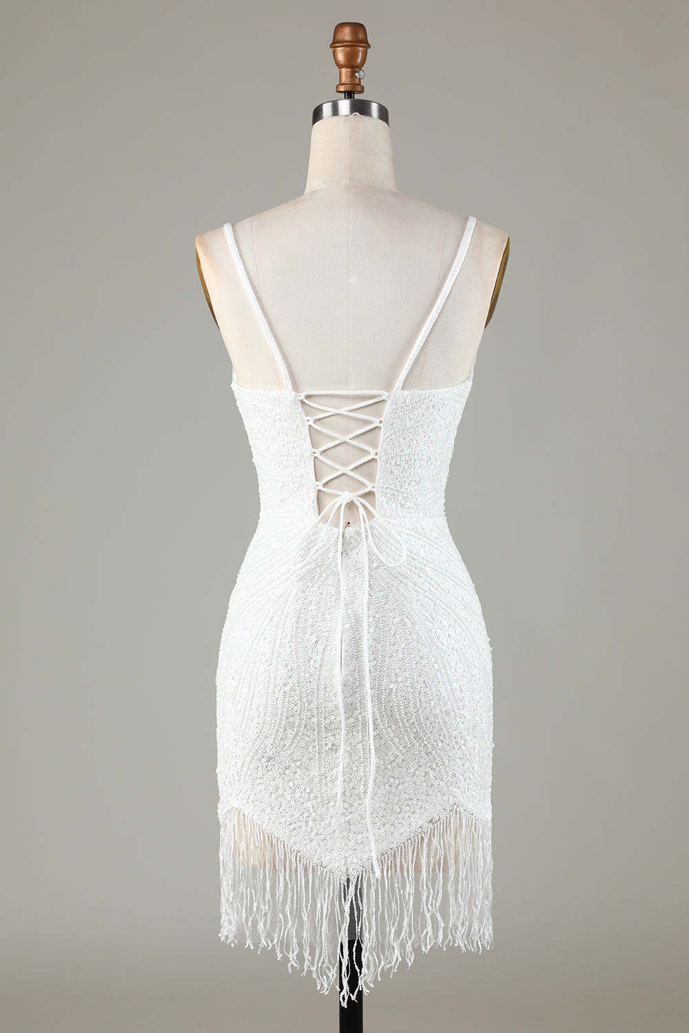 White Spaghetti Strap Sparkly Lace-Up Back Bodycon Homecoming Dress with Beading