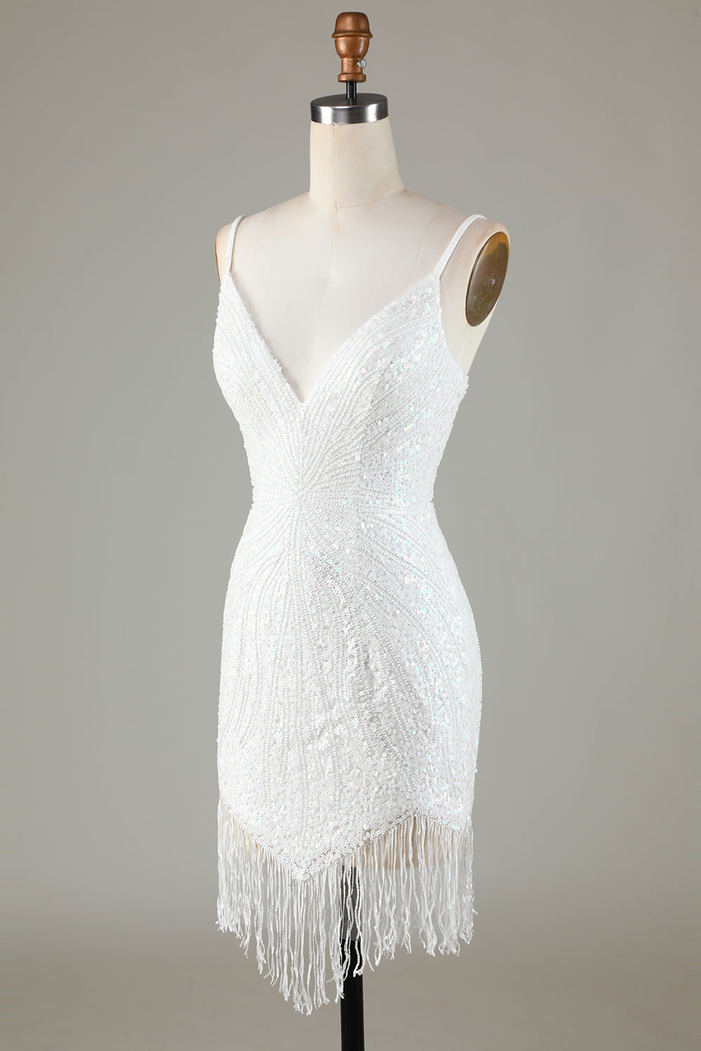 White Spaghetti Strap Sparkly Lace-Up Back Bodycon Homecoming Dress with Beading