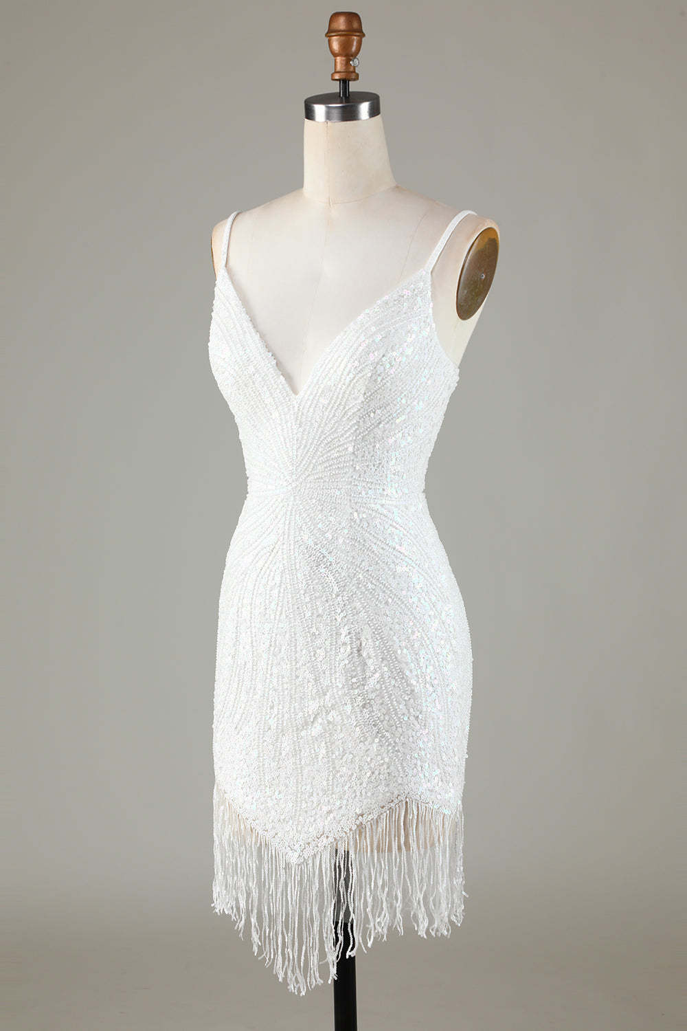 White Spaghetti Strap Sparkly Lace-Up Back Bodycon Homecoming Dress with Beading