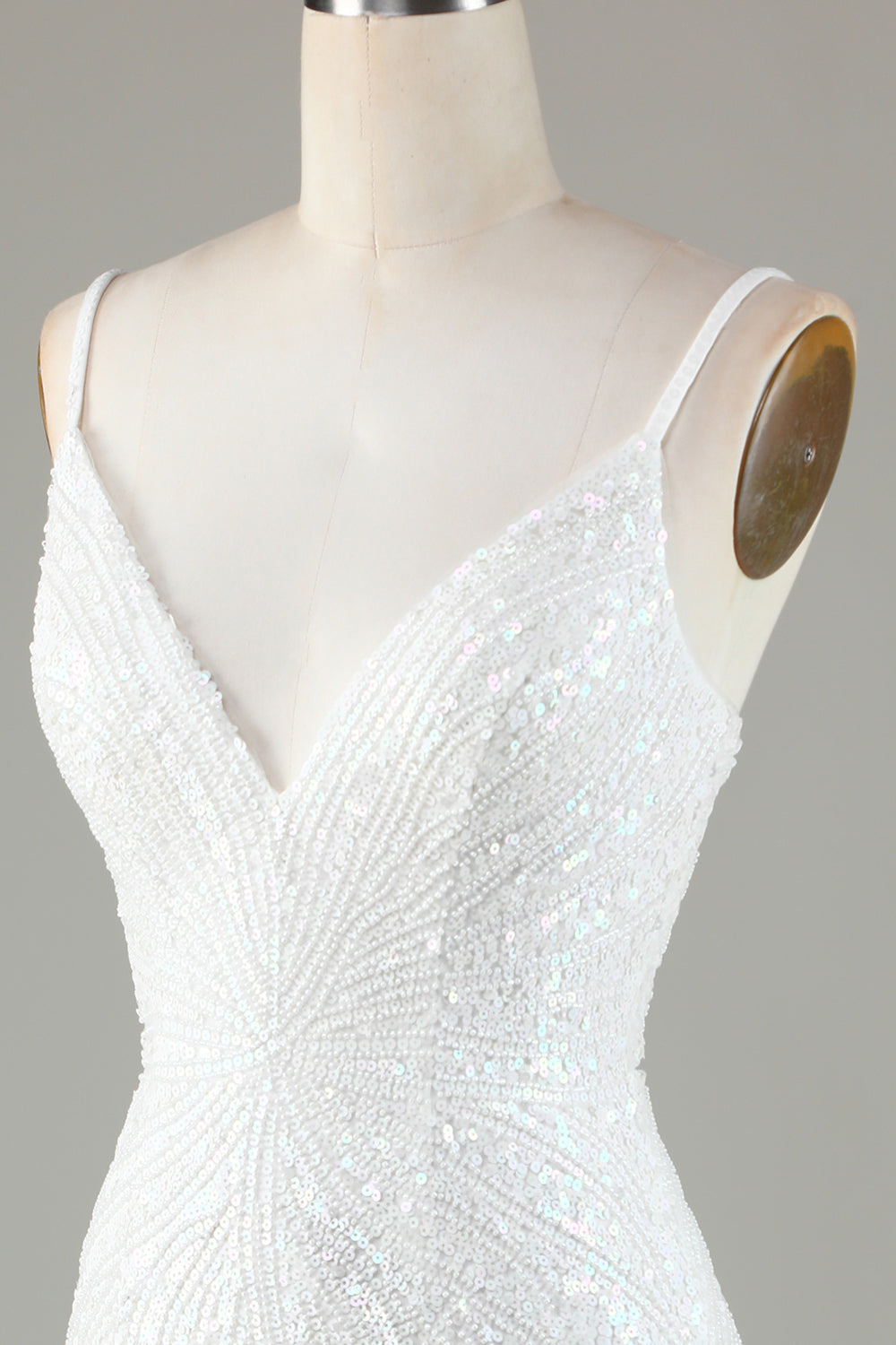 White Spaghetti Strap Sparkly Lace-Up Back Bodycon Homecoming Dress with Beading