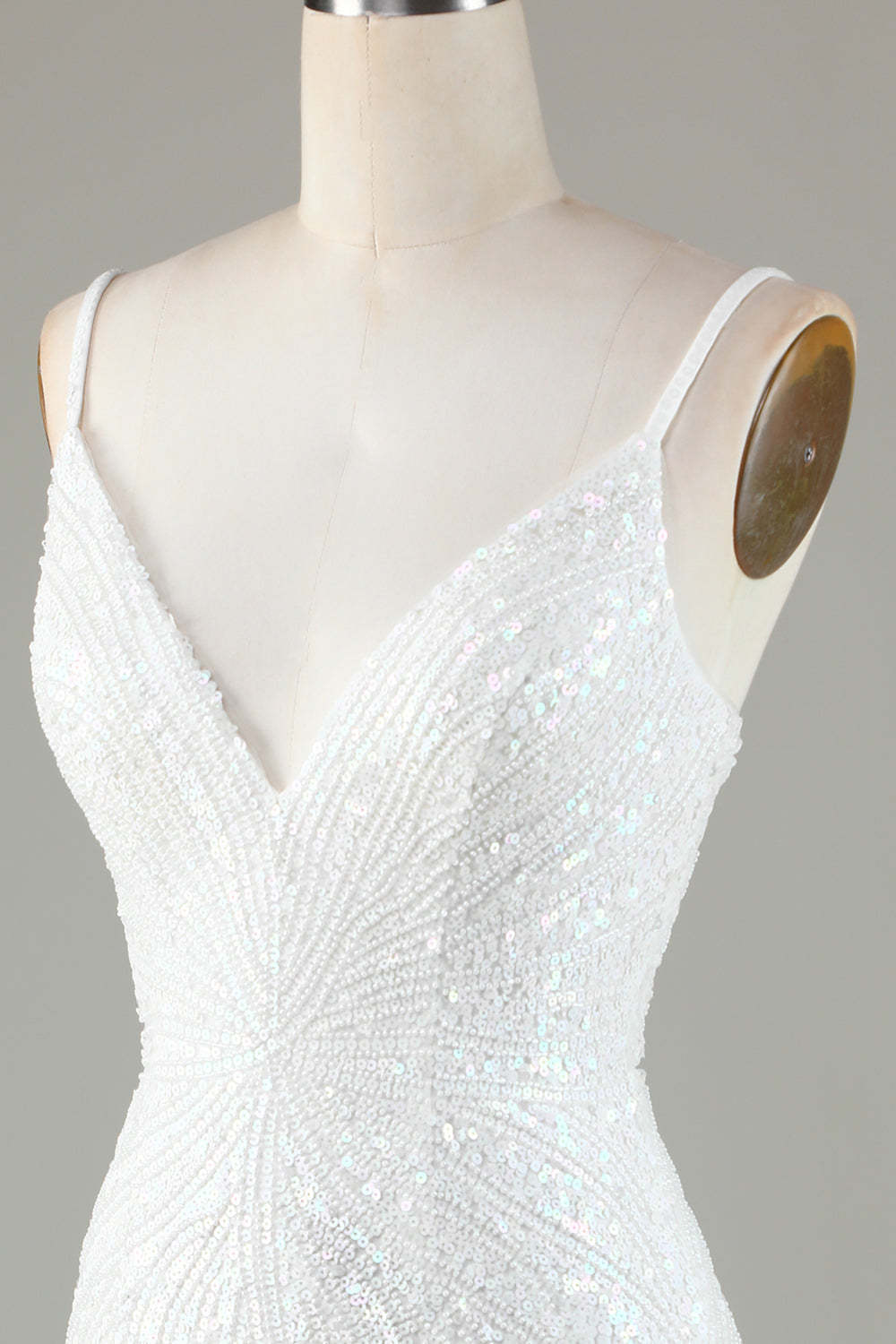 White Spaghetti Strap Sparkly Lace-Up Back Bodycon Homecoming Dress with Beading