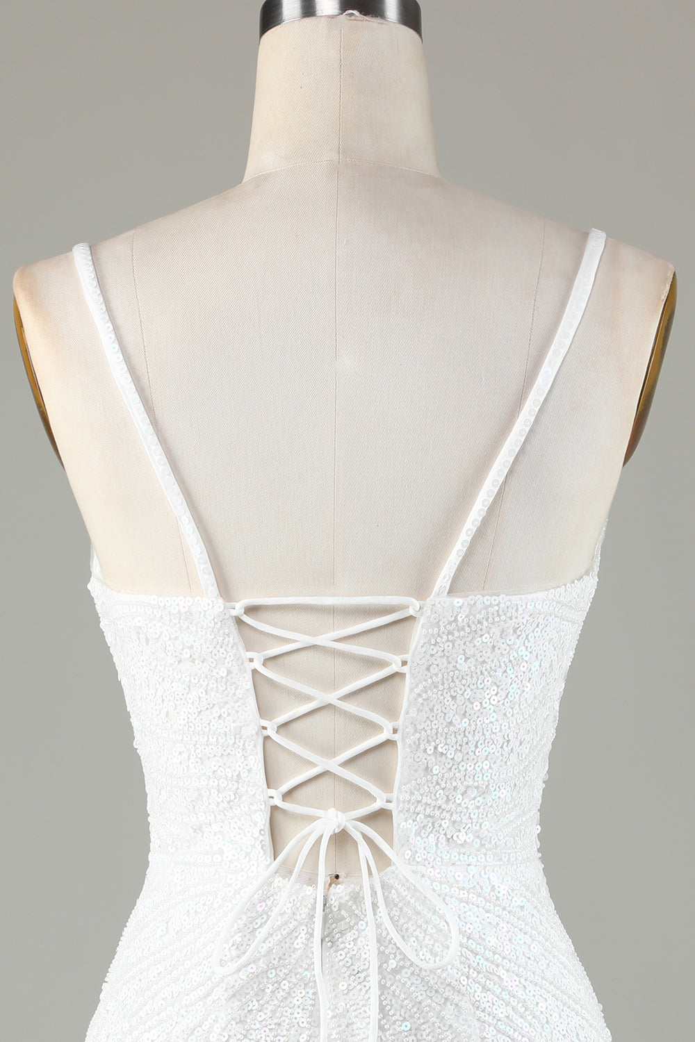 White Spaghetti Strap Sparkly Lace-Up Back Bodycon Homecoming Dress with Beading
