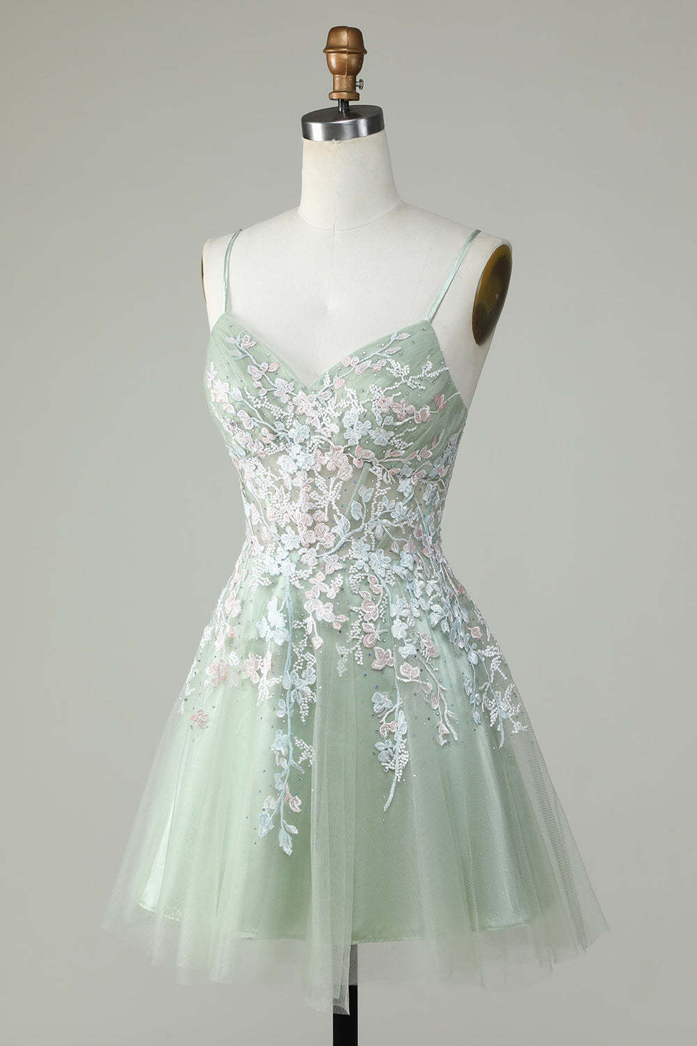 Dusty Sage Spaghetti Strap Homecoming Dress with Criss Cross Back