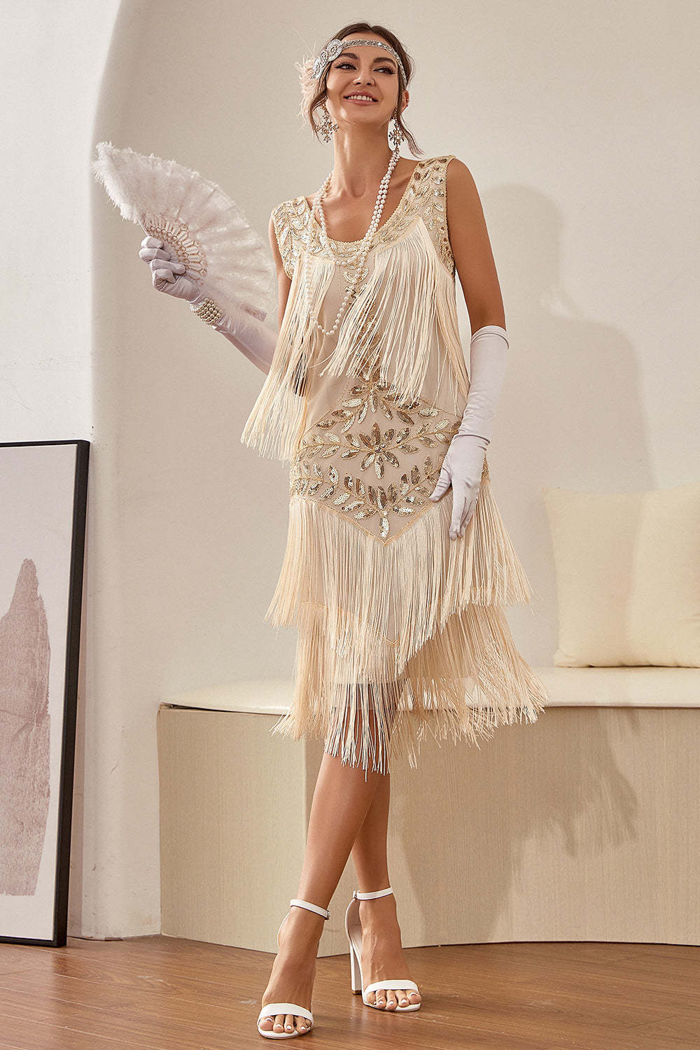 Plus Size Champagne Gatsby Flapper Dress with Sequins and Fringes
