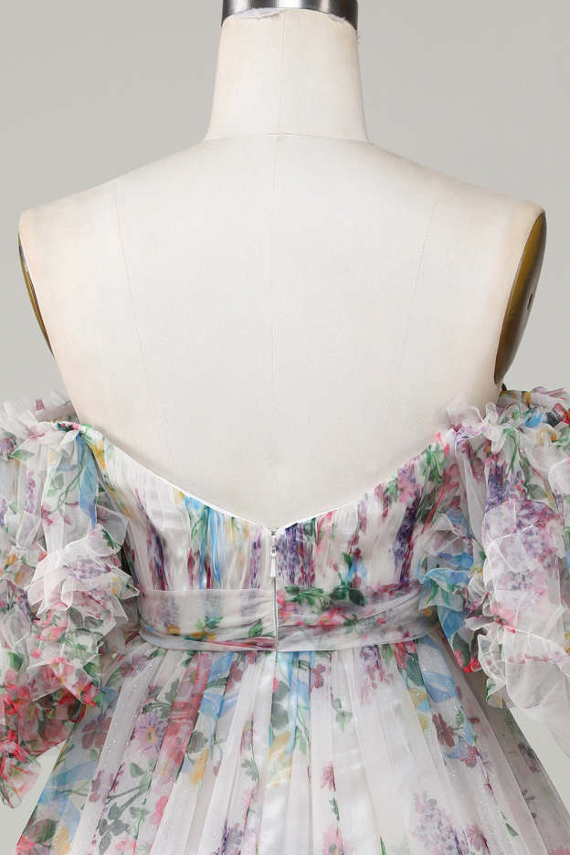 Ivory Floral Print A-Line Puff Sleeve Short Tulle Homecoming Dress