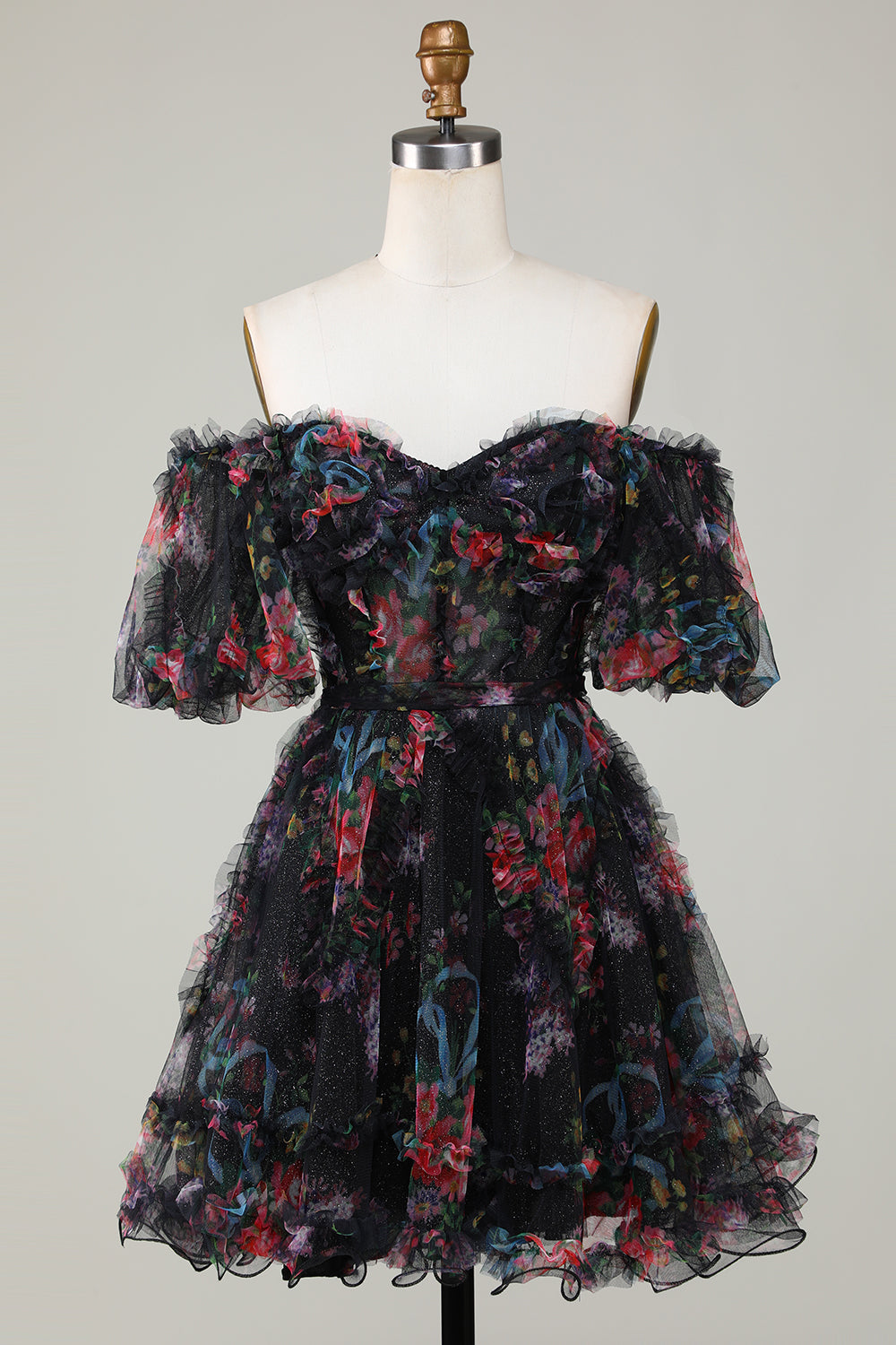 Off-the-Shoulder Floral Print Homecoming Dress