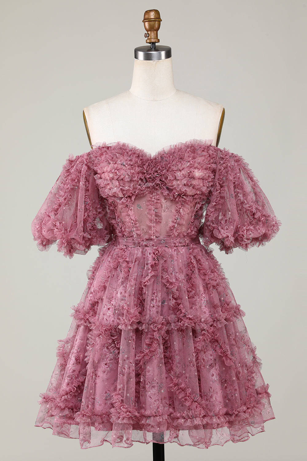 Off-the-Shoulder Floral Print Homecoming Dress